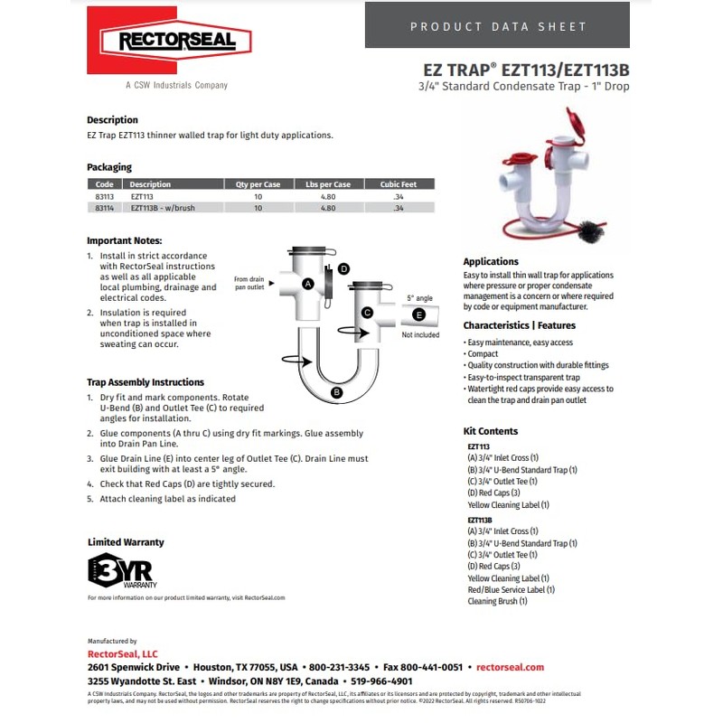 RectorSeal EZ Trap 83114 Light Duty CRS Trap, Easy Installation,