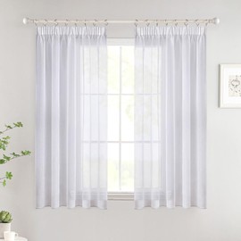 Woaboy Curtains with Ruffle Tape, Short Window Voile Curtains, Living Room, Transparent Sheer Curtains, Store Curtain, Bedroom, Modern Loop Curtains, Set of 2, 140 x 160 cm (W x H), White