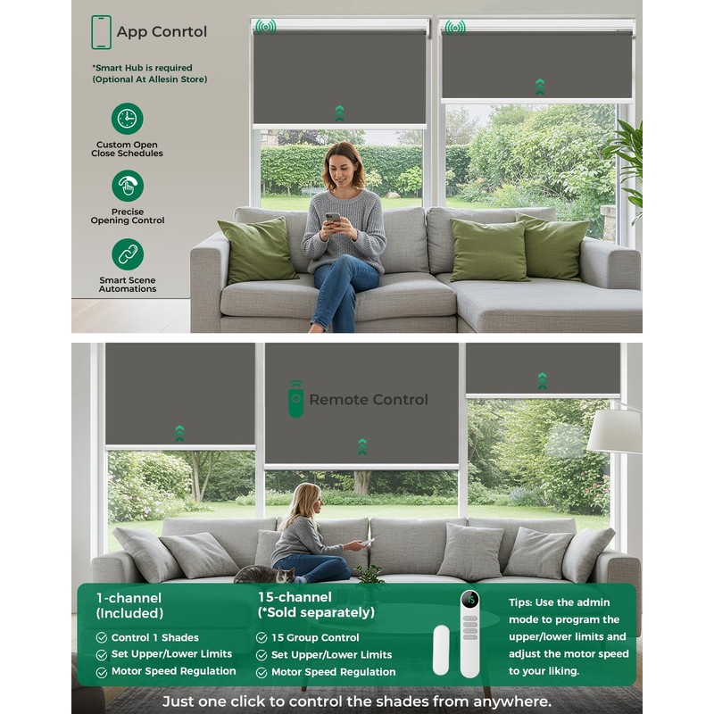 Allesin Motorized Blinds with Remote | Automatic Blackout Roller Shades,