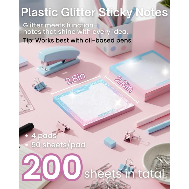 200pcs Glitter Sticky Notes, Transparent Sticky Notes with Pink Blue