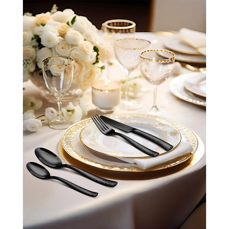 20-Piece Black Silverware Set, Ollex Stainless Steel Hammered Flatware Cutlery