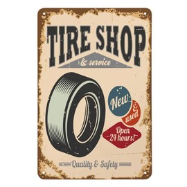 AOYEGO Tire Shop Tin Sign,Tire Service Vintage Metal Tin Signs for Cafes Bars Pubs Shop Wall Decorative Funny Retro Signs for Men Women 8x12 Inch