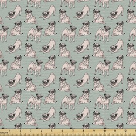 Ambesonne Pug Fabric by The Yard, Dogs Various States Sitting Standing Stretching Cartoon Style Pet Drawing, Decorative Fabric for Upholstery and Home Accents, 3 Yards, Turquoise