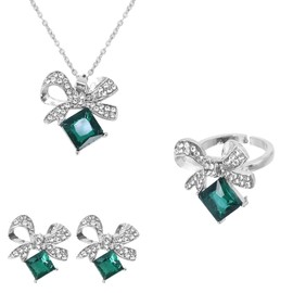 yuruyi Elegant Jewelry Set Necklace for Women，Adjustable Dainty Cubic Zirconia Trendy Choker Pendant Necklace+Earrings+Ring, Mother's Day Valentine's Day Gifts Pendant Set for Women 3PCS (Green bow)