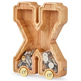 NBTORCH Large Piggy Bank - Interconnectable Wooden Letter Piggy Bank, Alphabet X Piggy Bank Toy with Wheels for Adults Kids Boys Girls (Initial-X)