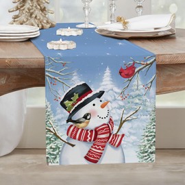 Bonhause Christmas Snowman Table Runners for Kitchen Dinning Table Decoration, Snowy Pine Trees Bird Blue Winter Table Runner for Indoor Outdoor Home Holiday Party Decor(33 x 183 cm)