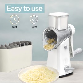 HI POMELO 5-in-1 Multifunctional Rotary Cheese Grater and Shredder, Hand Crank for Slicing, Shreddering Grinding Vegetables, Potatoes, Nuts, Carrots, Radishes, and Cucumbers with Speed, Gray-White.