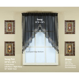 Today's Curtain, Emelia Embroidery Sheer Swag 38", Black, 59" W x 38" L