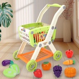 Kids Shopping Cart with Cutting Play Food Set for Kid Kitchen, 2 in 1 Shopping Cart for Kids Grocery Store Pretend Play Kitchen Accessories Sorting Food Bucket Learning Toys Gift for Toddler 3-5