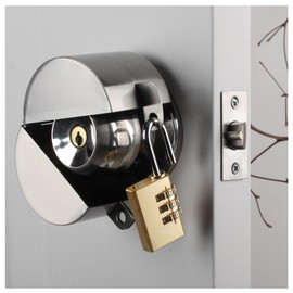 Door Knob With Lock,Without Drilling ,Dementia Door handle lock，From Outside Prevents Turning of Door Knob and Access to Keyhole,for Apartment Evictions，Childproof (Stainless steel with padlock)