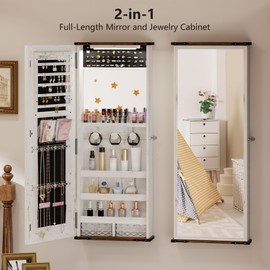FONTOI Jewelry Armoire, Over the Door Jewelry Organizer with Mirror, 42” Mirror with Storage 2 Acrylic Drawers Earing Hooks 3 Shelves, Mirror Jewelry Cabinet for Apartment and Checkroom White