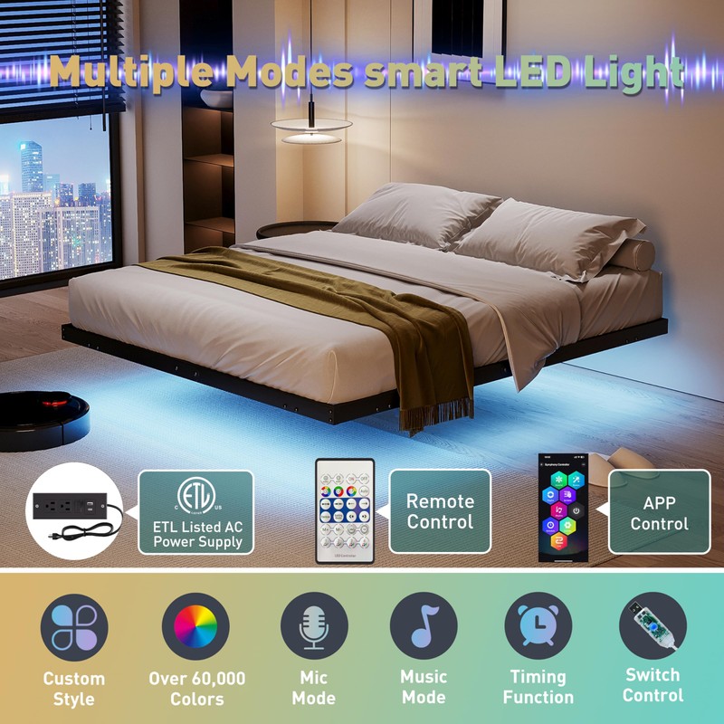 qimamo 14 Inch Floating Full Bed Frame with Smart LED