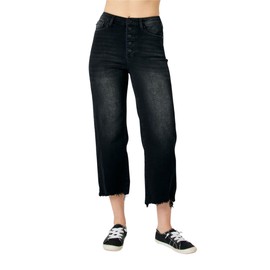 Judy Blue High Waist Distressed Raw Hem Wide Leg Crop Jeans (Black, 9)