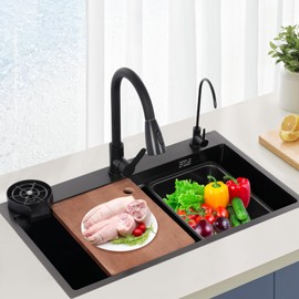 Workstation Kitchen Sink Stainless Steel Undermount/Drop in Single Bowl Sink Waterfall Kitchen Sink With Pull-Out Faucet Glass Rinser, Drainage Basket & Accessories 29.53X17.72X8.66in (Black)