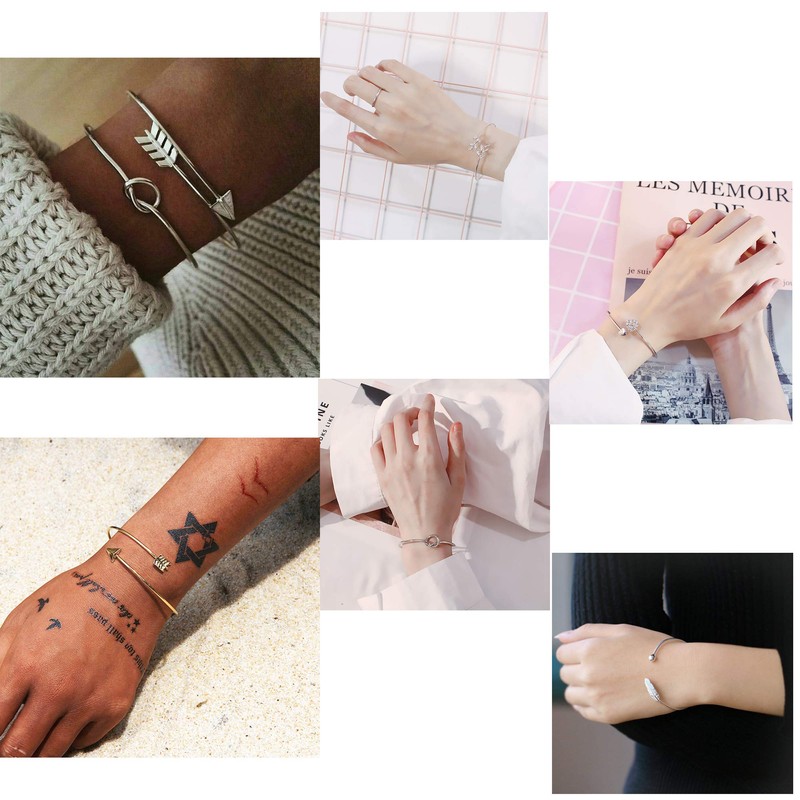Softones 5pcs Bangle Silver Bracelets for Women Girls Heart|Olive Leaf|Arrow|Feather|Knot