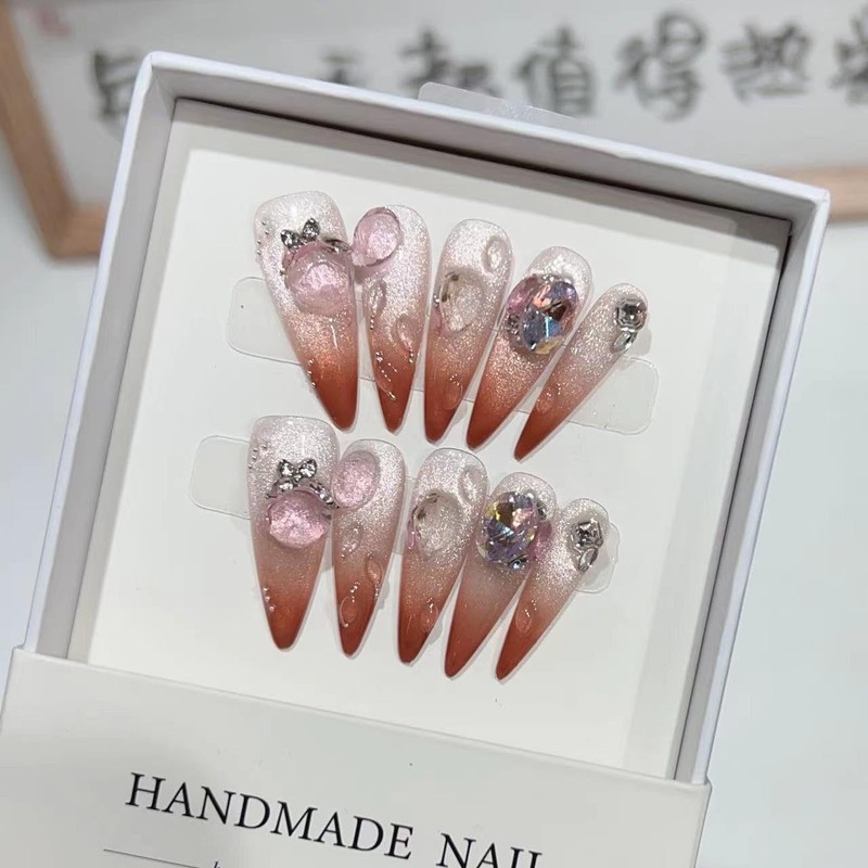 Handmade Press On Nails Long MouyouGlow, Stiletto Ombre Caramel Sweet