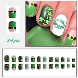 St. Patrick's Day Press on Nails Short French Tip Press on Nails Lip Print Clover Design Glossy Green Shamrock Fake Nails with Irish Glue on Nails Reusable Natural Gel Stick on Nails for Women 24Pcs