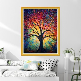 DMCVIVR Stamped Cross Stitch Kits for Beginners Adults Needlepoint Kits for Beginners Embroidery Kits for Adults Crossstitch Kit for Beginners 11CT-Illusionary Night Light Tree 16x20 inch
