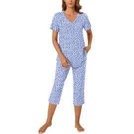 Bestbee Womens Pajama Set, 2 Piece Lounge Outfits Summer Sleep Set V Neck Short Sleeve Capri Pant With Pockets Ladies Pjs Set, L, Spotted Blue