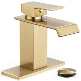 HOIGY Gold Bathroom Faucet Single Handle, Brass Waterfall Bathroom Faucet, 4 Inch Bathroom Faucets 1 Hole or 3 Holes Bathroom Sink Faucets with Deck Plate & Pop-Up Drain for Public Sinks No Splashing