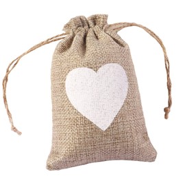 Valentines Day Gift Bags, 10pcs Linen Heart Drawstring Bags 14 x 10 cm Natural Jute Burlap Gift Pouch Vintage Party Bag (White Heart)