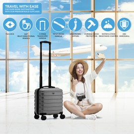 Flight Knight Carry On Suitcase 18x14x8 Hardside Built In TSA Lock & USB Port Lightweight Luggage Silent Double Spinner Wheels Maximum Underseat Carry-On Bag For American & United Approved Airlines