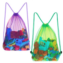 Josojoou Beach Toy Bag, 2pcs Mesh Travel Drawstring Sand Toy Bags, Shell Collecting Bag for Beach Toys, Beach Vacation Essentials Toys Storage Seashell Bags