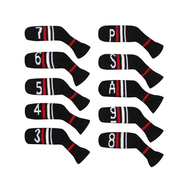Scott Edward ゴルフアイアンヘッドカバー 10個 かわいいに靴下の形 洗濯可能 耐久性 ゴルフクラブヘッドプロテクター ブラック