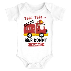SpecialMe® Baby Bodysuit with Name Print Let's Fire Brigade Car Tatütata Hier kommt [Desired Name] Short Sleeve Organic Cotton, White