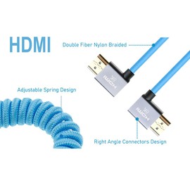 Uonecn 4K HDMI Coiled Cable for Cameras - HDMI Cable for Atomos Ninja V, Right Angle HDMI for Sony A7S III, Short HDMI Cable for Z-CAM F6/Z-Cam E2 Pro Cameras (Blue)
