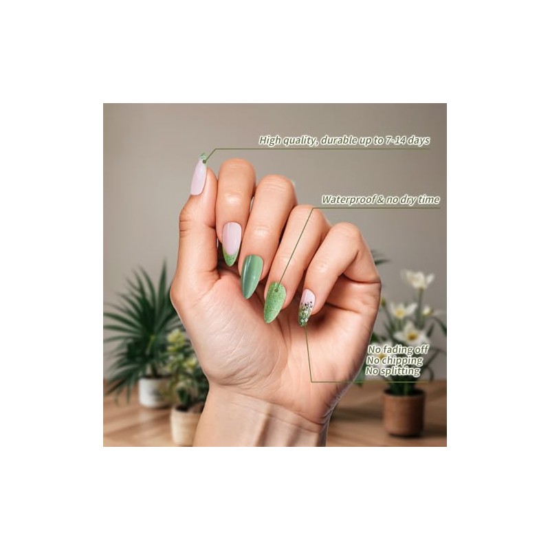 Uñas francesas con punta verde almendra, 24 piezas, 12 tamaños,