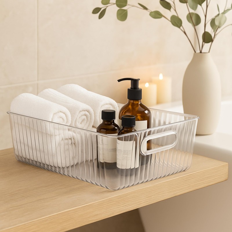 Oggi Clear Fluted Storage Bin with Handle - Durable Plastic