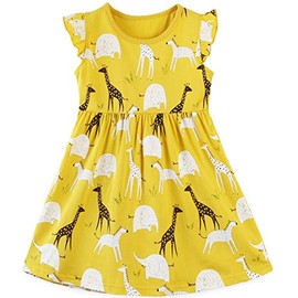 Toddler Girls Cotton Summer Yellow Dresses,Lemon Giraffe and Elephant Short Sleeve Casual Tunic 4t