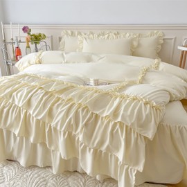 Ruffle Duvet Cover Queen Size,100% Washed Microfiber 3pcs Bedding Duvet Cover Set, Shabby Chic Farmhouse Duvet Cover and Pillow Shams, Zipper Closure & Corner Ties, Easy Care, Cream Yellow - Queen