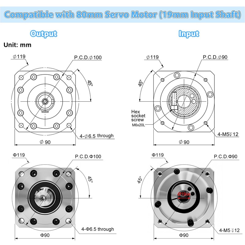 80mm Servo Planetary Gearbox Speed Reducer 10:1 Ratio for 19mm