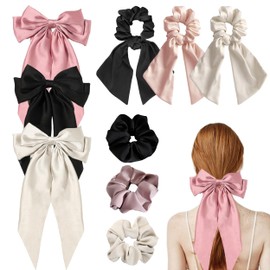 9 Pcs Bow Hair Clip Set, Large Satin Hair Bows Hair Ribbon for Women, Soft Solid Color Hair Ties Silky Hair Scrunchies Hair Accessories for Women Daily Party Wedding Festival