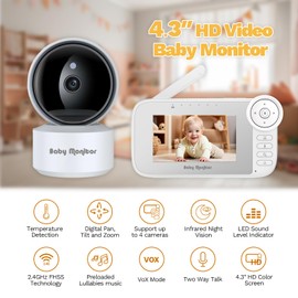 Video Baby Monitor with Camera, Cry Detection, Temp. Sensor, Night Vision, 4.3" Screen, 10 Lullabies, Baby Feeding Alert, Digital Zoom, Non-WiFi Baby Camera Monitor for Newborn Baby, Pets, Elderly
