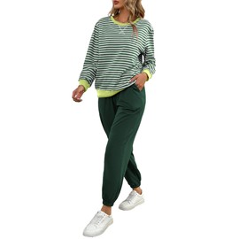 FIOPHY Women's Cozy 2 Piece Outfits Lounge Sets Striped Color Block Long Sleeve Tops Jogger Sweatpants Sweats Track Suits Set Green & White XL