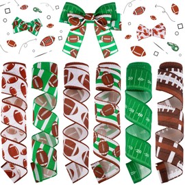 Tigeen 6 Roll Football Wired Edge Ribbon Ball Field Pattern Craft Ribbon Team Sports Burlap Ribbon Rolls for Wreath Gift Wrapping Bow Sewing DIY Crafts Party Decor, 2 Inch x 30 Yards