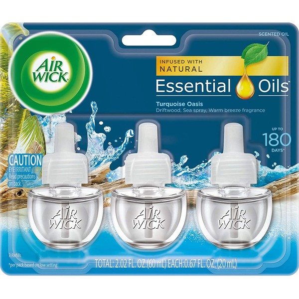 Air Wick plug in Scented Oil 3 Refills, Turquoise Oasis, (3x0.67oz), Essential Oils, Air Freshener