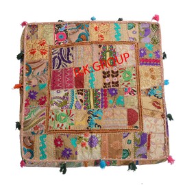 Flyingasedgle Rajasthani Handmade Colorful Decorative Floor Pillow Cover Meditation Patchwork Patchwork Cushion Seating Accent Boho Chic Indian Handmade Cover ONLY (Beige, 35X35X6 Inches Square)