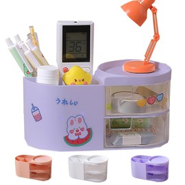 Kawaii Stationery Storage Box Makeup Organizer with 2 Drawers, Kawaii Pen Organizer with Stickers DIY Fun, Desk Organizers and Accessories with 5 Compartments for Teen Girls Office Art Supplie