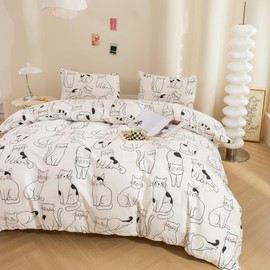 ECOCOTT Duvet Cover Queen Size, 3 Pcs Cartoon Cats Animal Print Pattern Duvet Cover Set, Super Soft Comforter Quilt Cover with Zipper Closure 4 Ties