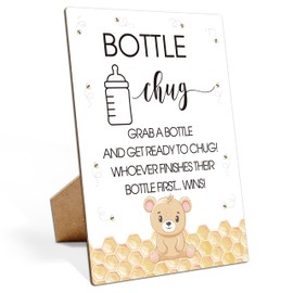 Baby Shower Games Bottle Chug Sign-8x11 Inches Bee Bear Wooden Sign Baby Gift for Baby Shower Gender Reveal Party, Gender Neutral Baby Bottle Shower Party Games Favors Supplies-7