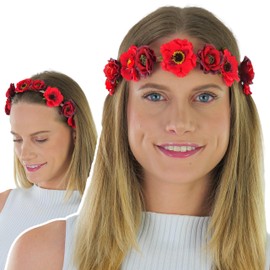 ToBeInStyle Multi-Pack & Single Flower Crown Wreath Garland Style Headbands & Hair Ties for Weddings & Outdoor 60s Style Music Festivals, Single: Passion Maroon Floral Headband, One Size