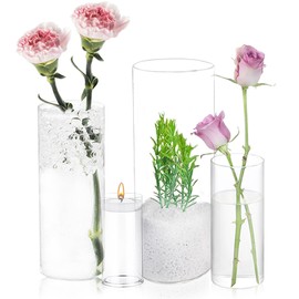 UDU 4 Pack Cylinder Glass Vases for Centerpiece 4,6,8,10 Inch Tall Clear Flower Vase Hurricane Candle Holder