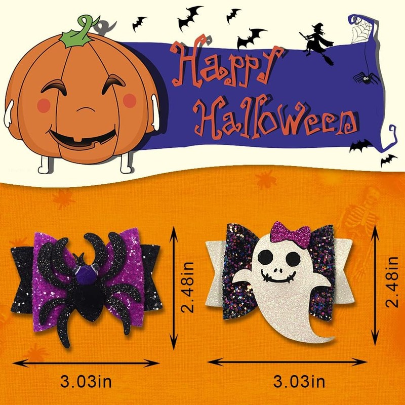 4 Pcs Halloween Hair Clips Glitter Bows Pumpkin Ghost Witch