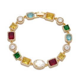 Tennis Bracelet for Men, Dainty 18K Gold Plated Diamond Tennis Bracelet Cubic Zirconia Chain with Emerald, Ruby, and Aquamarine Gemstones for Men Bride Birthday Wedding Valentine's Day Gifts
