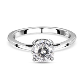 TJC Moissanite Solitaire Ring for Women Ladies in Platinum Plated 925 Sterling Silver Size O Prong Setting Metal Wt. 2.15 Grams.