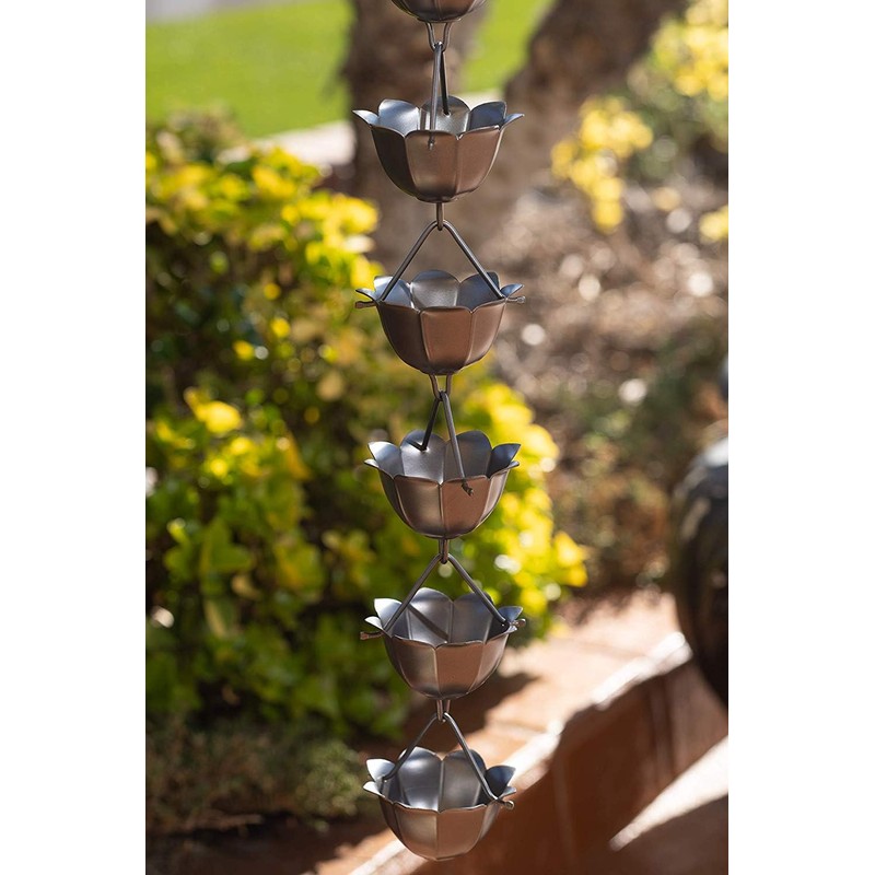 Monarch Rain Chains Aluminum Lotus Pewter Rain Chains for Gutters